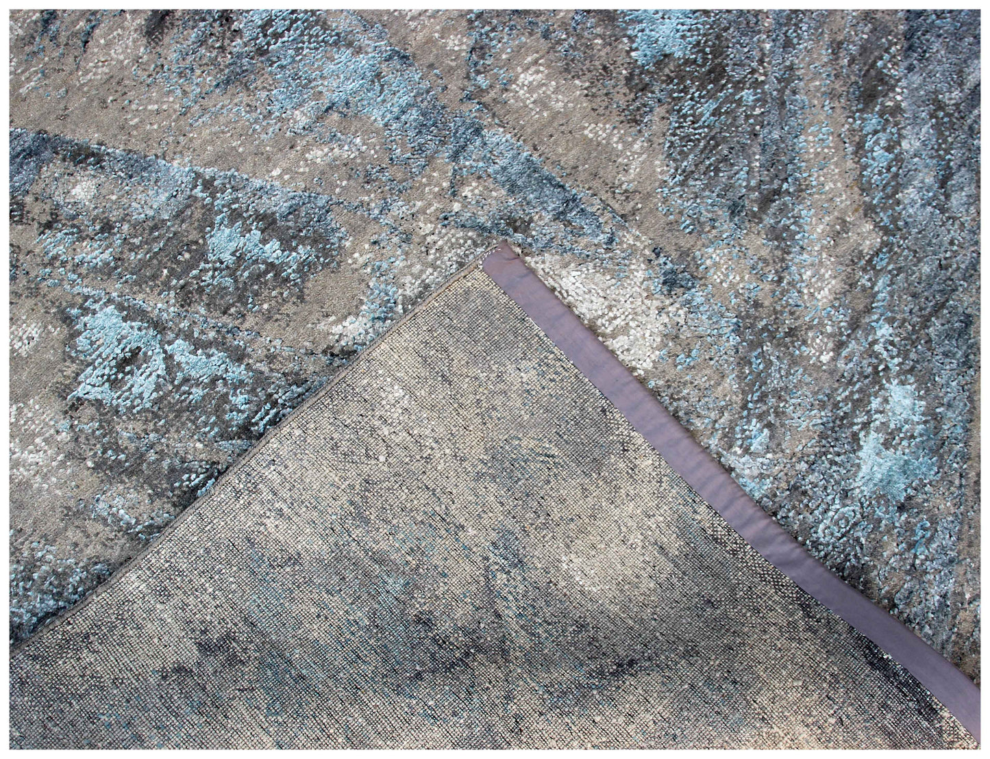 Modern Abstract 8x10 Hand Knotted Charcoal Taupe Silver Teal Ice Blue Geometric Wool Viscose Bhadohi Area Rug