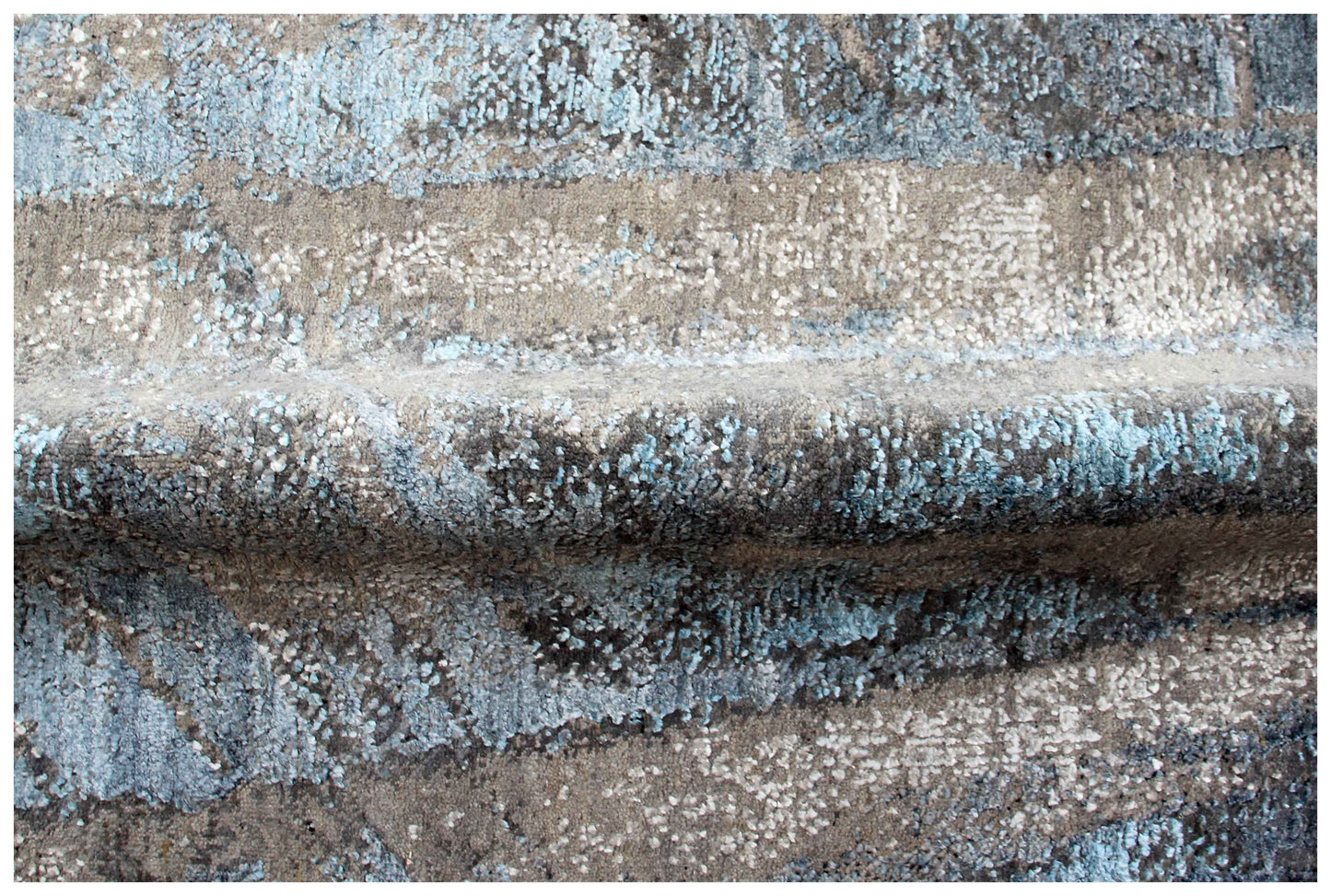 Modern Abstract 8x10 Hand Knotted Charcoal Taupe Silver Teal Ice Blue Geometric Wool Viscose Bhadohi Area Rug