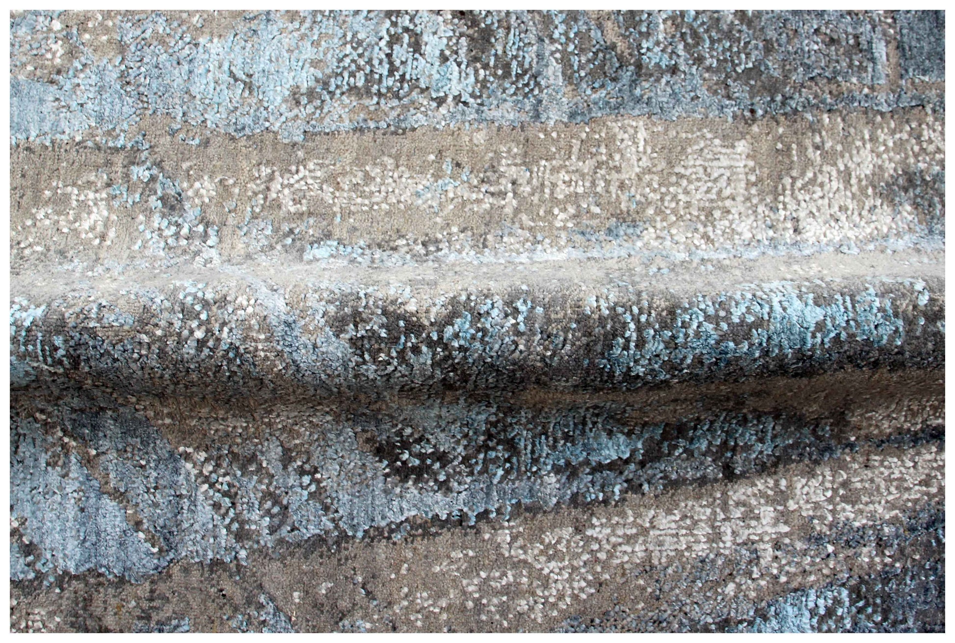 Modern Abstract 8x10 Hand Knotted Charcoal Taupe Silver Teal Ice Blue Geometric Wool Viscose Bhadohi Area Rug
