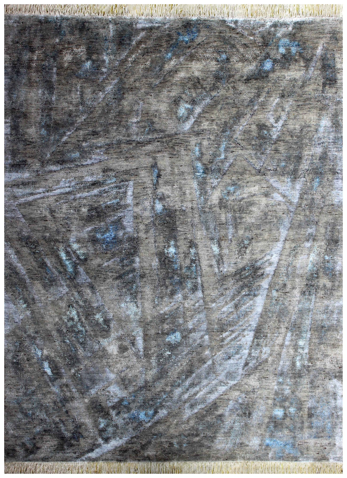 Taupe Brown Charcoal Teal Silver Organic Leaf Modern Abstract Hand Knotted Wool Viscose 8x10 Bhadohi Area Rug