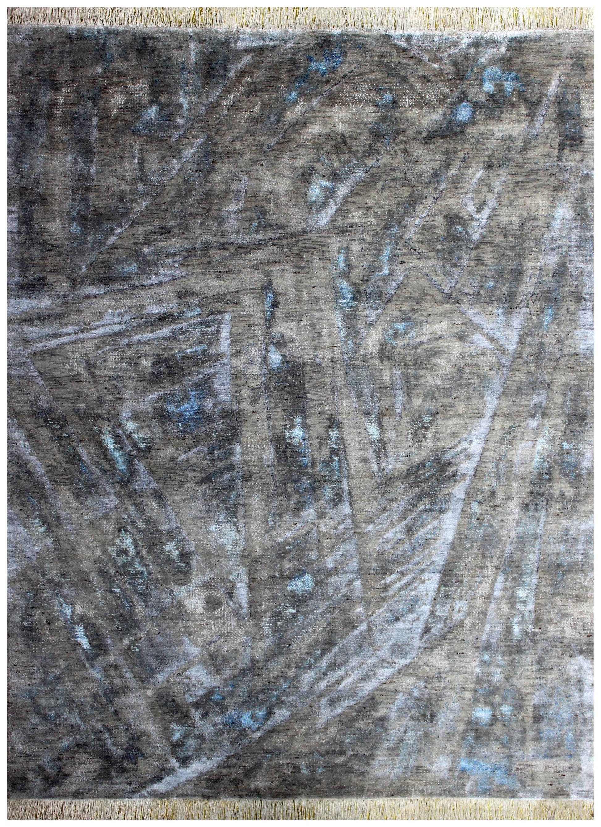 Taupe Brown Charcoal Teal Silver Organic Leaf Modern Abstract Hand Knotted Wool Viscose 8x10 Bhadohi Area Rug