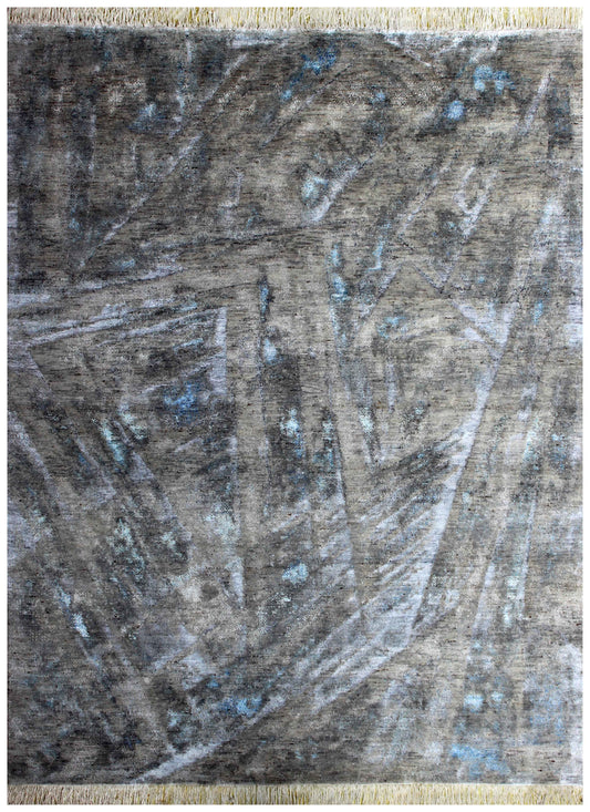 Taupe Brown Charcoal Teal Silver Organic Leaf Modern Abstract Hand Knotted Wool Viscose 8x10 Bhadohi Area Rug