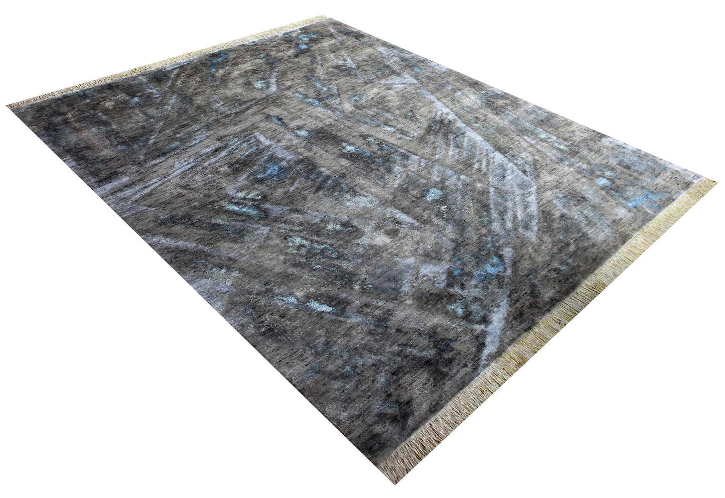 Taupe Brown Charcoal Teal Silver Organic Leaf Modern Abstract Hand Knotted Wool Viscose 8x10 Bhadohi Area Rug