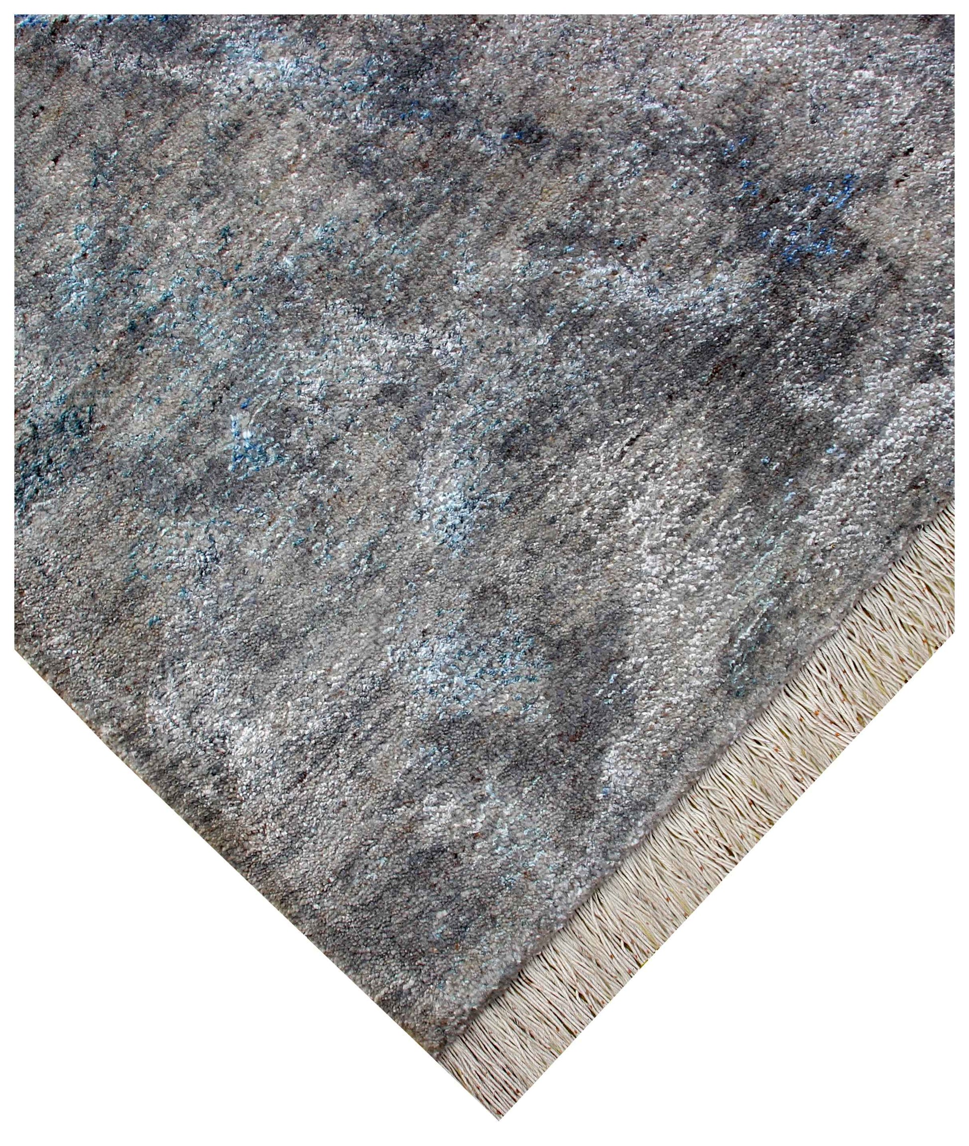 Taupe Brown Charcoal Teal Silver Organic Leaf Modern Abstract Hand Knotted Wool Viscose 8x10 Bhadohi Area Rug