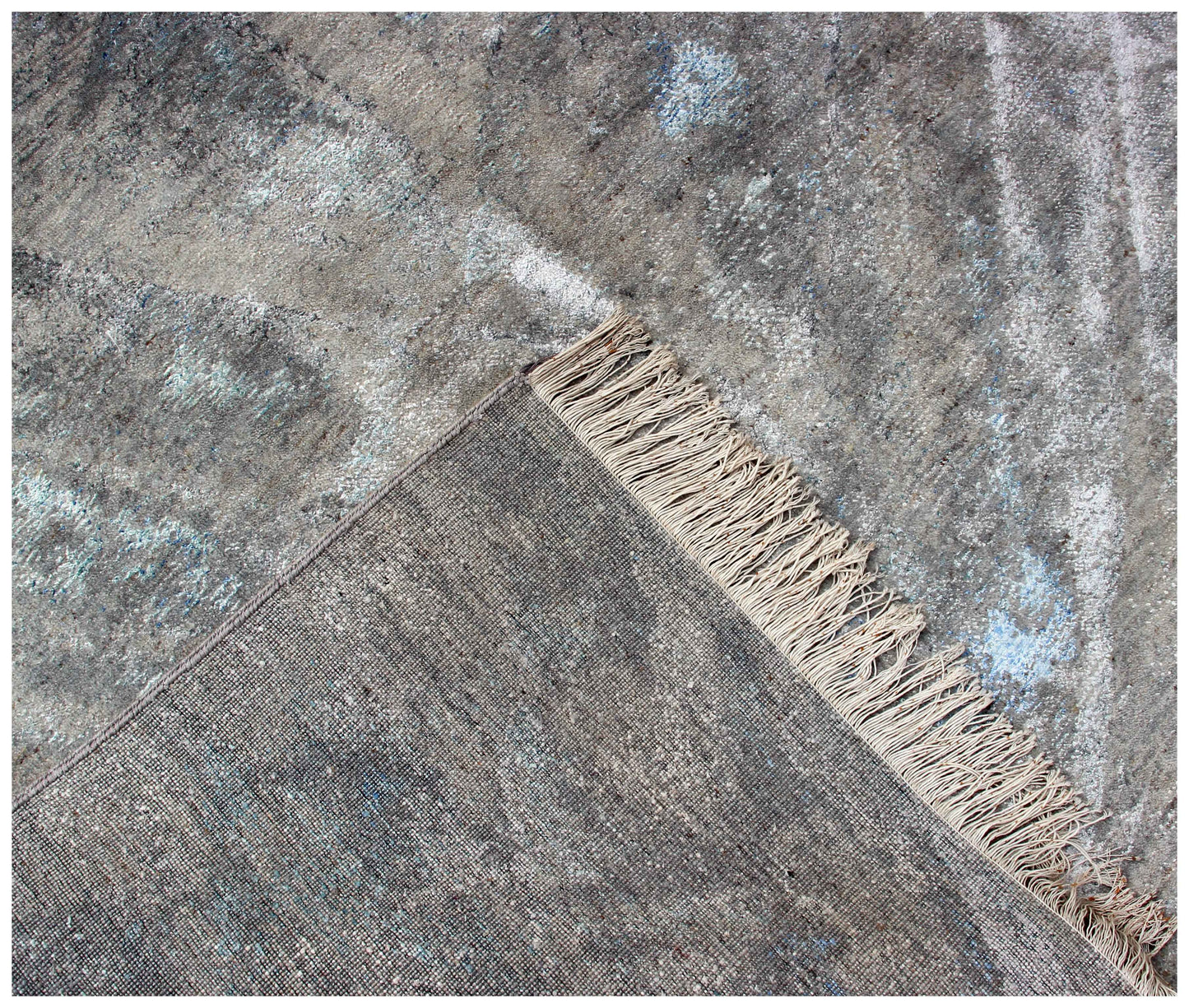 Taupe Brown Charcoal Teal Silver Organic Leaf Modern Abstract Hand Knotted Wool Viscose 8x10 Bhadohi Area Rug