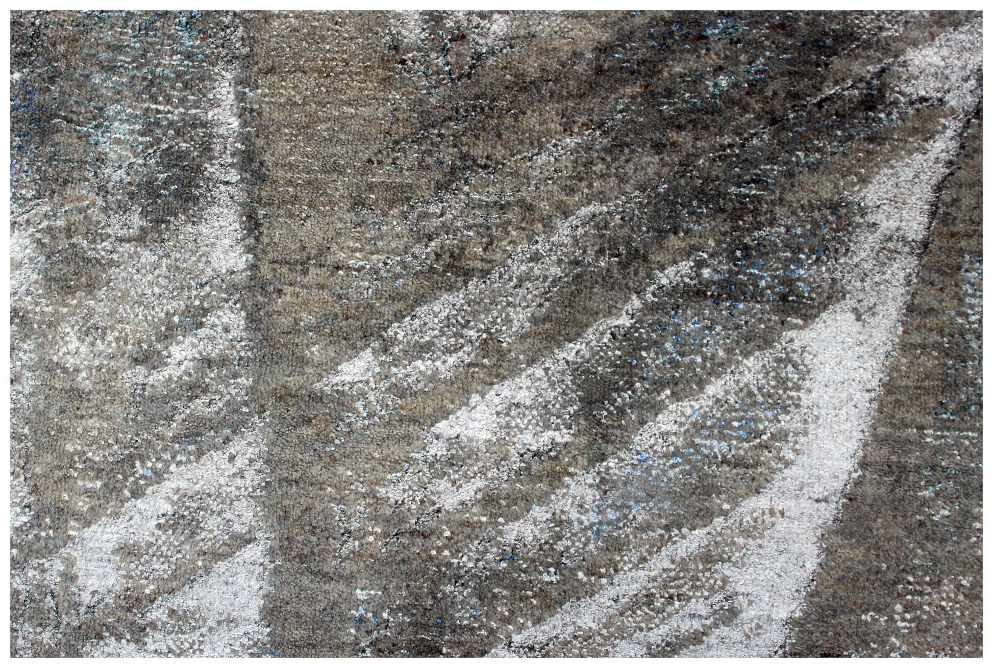 Taupe Brown Charcoal Teal Silver Organic Leaf Modern Abstract Hand Knotted Wool Viscose 8x10 Bhadohi Area Rug