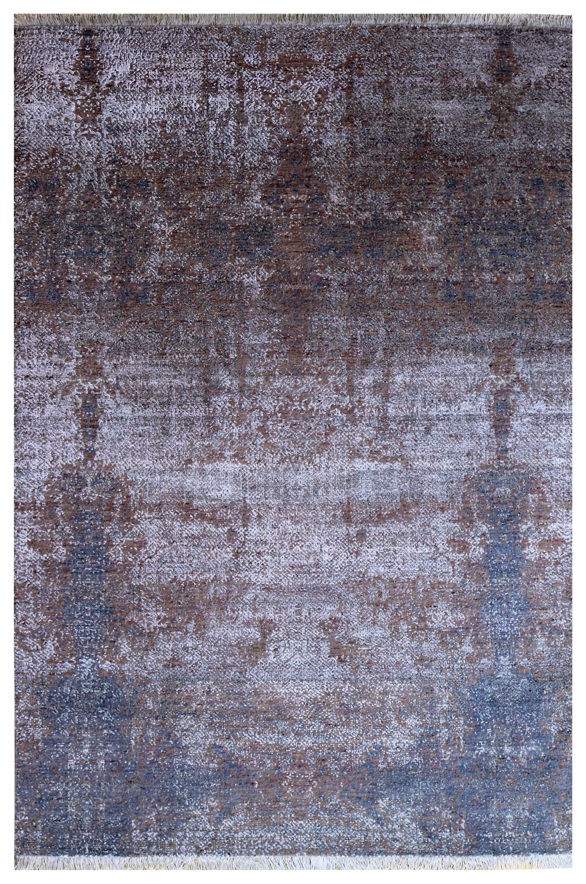 Silver Blue Grey Brown Mocha Eroded Floral Modern Abstract Hand Knotted Wool Viscose 5.6x8 Bhadohi Area Rug