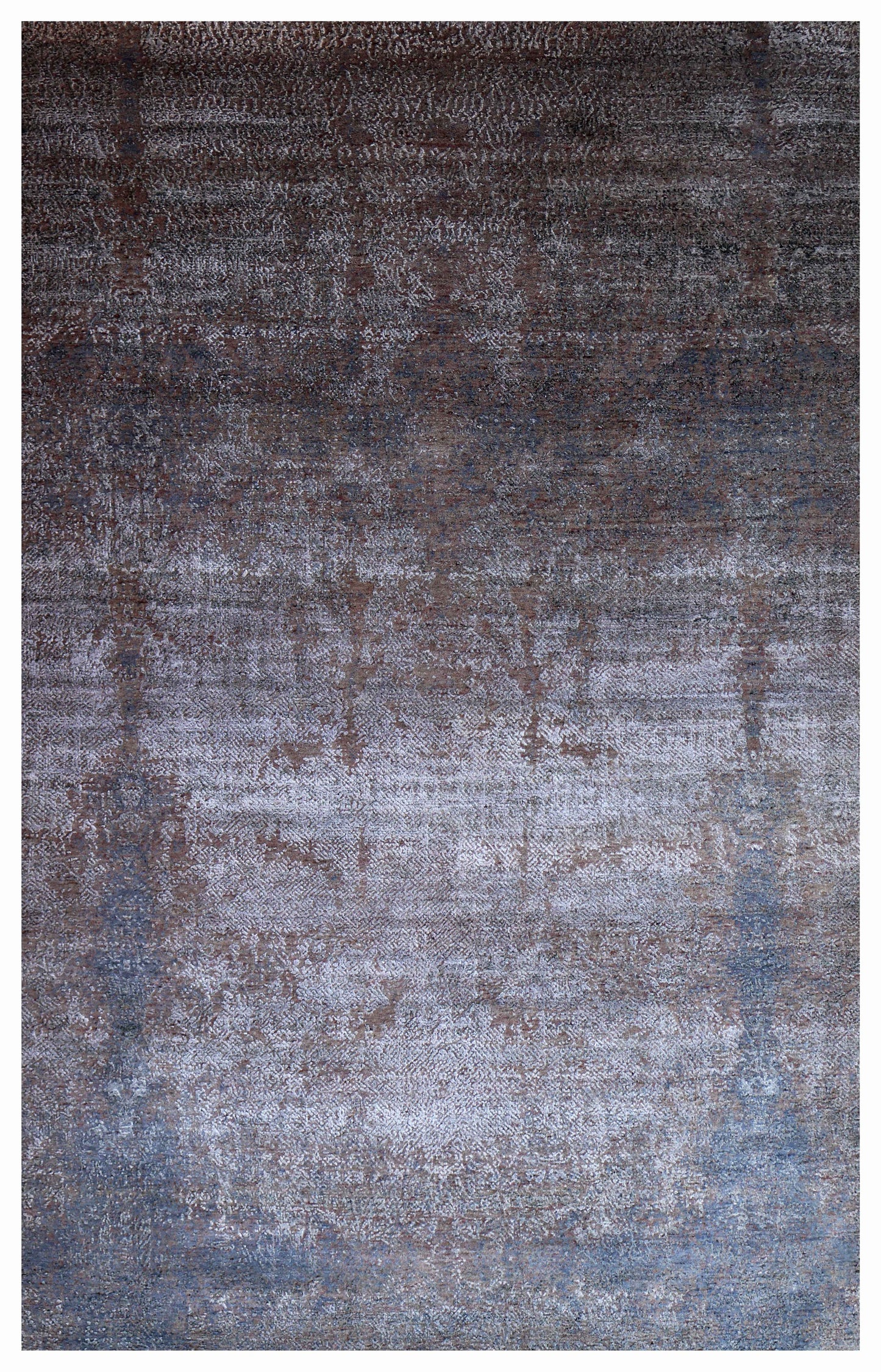 Eroded Modern Abstract 6.6x10 Hand Knotted Charcoal Brown Silver Blue Gradient Wool Viscose Bhadohi Area Rug