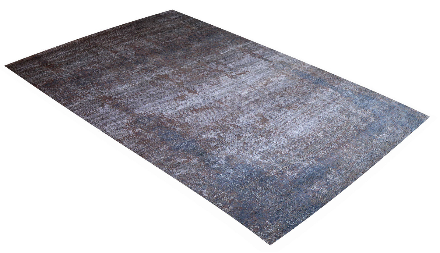 Eroded Modern Abstract 6.6x10 Hand Knotted Charcoal Brown Silver Blue Gradient Wool Viscose Bhadohi Area Rug