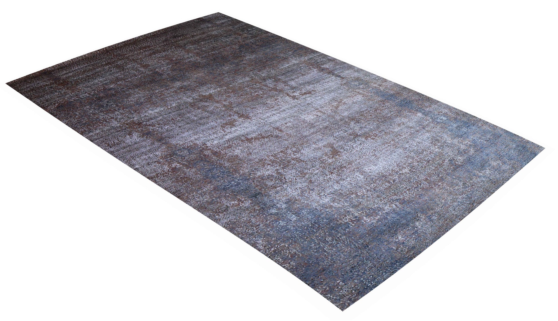 Eroded Modern Abstract 6.6x10 Hand Knotted Charcoal Brown Silver Blue Gradient Wool Viscose Bhadohi Area Rug