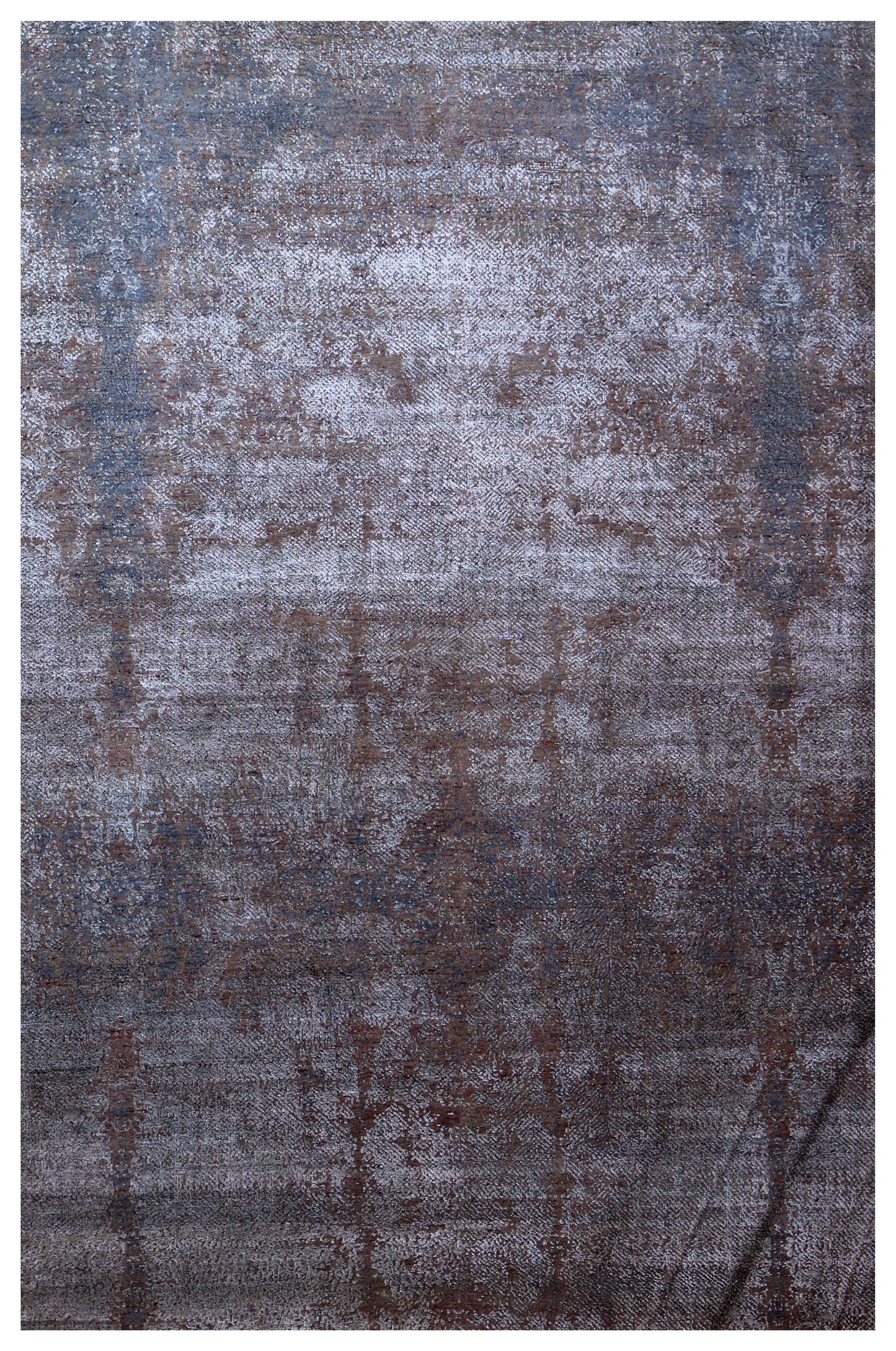 Silver Blue Grey Charcoal Brown Eroded Modern Abstract Hand Knotted Wool Viscose 6.6x10 Bhadohi Area Rug