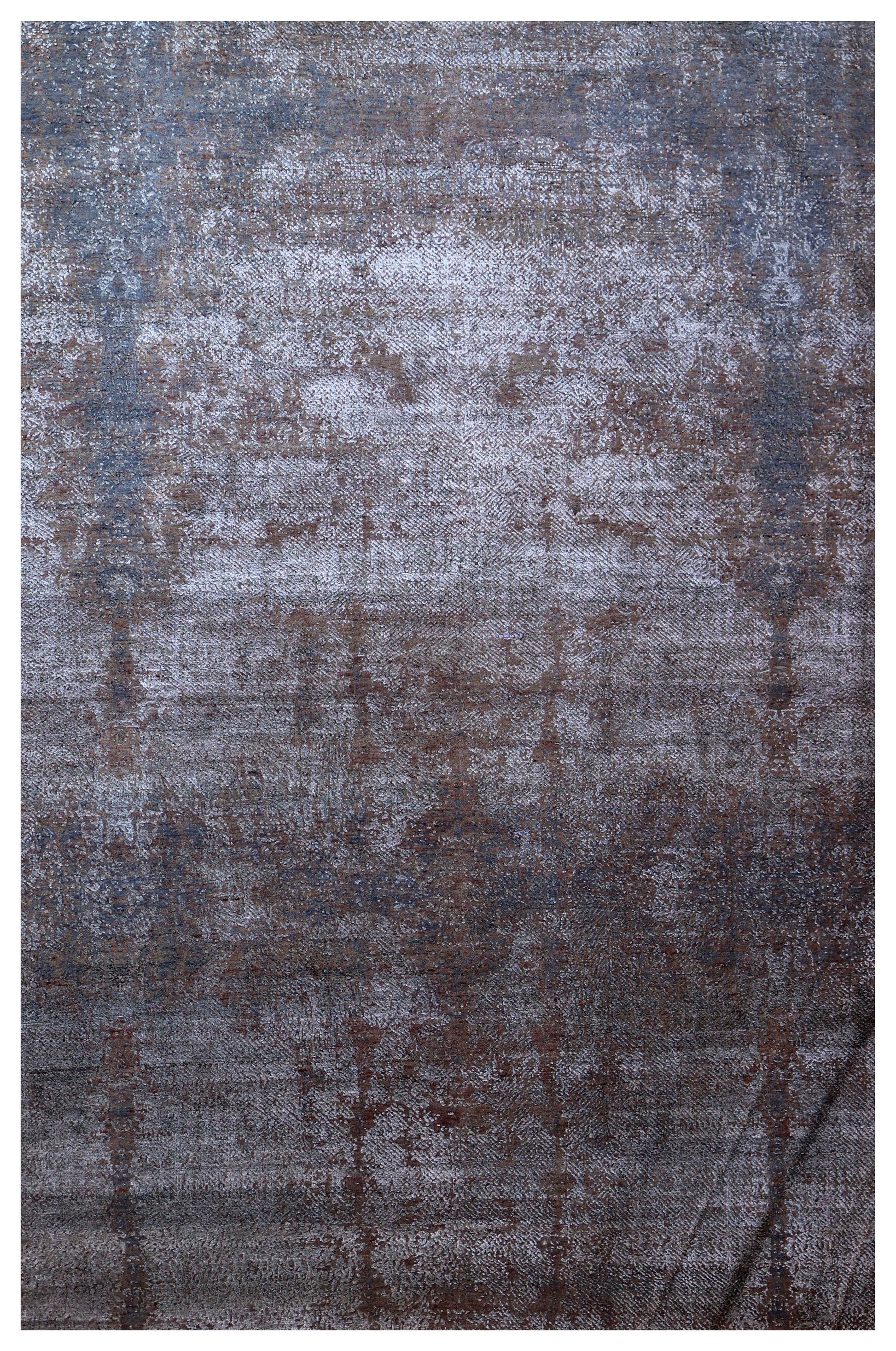 Silver Blue Grey Charcoal Brown Eroded Modern Abstract Hand Knotted Wool Viscose 6.6x10 Bhadohi Area Rug