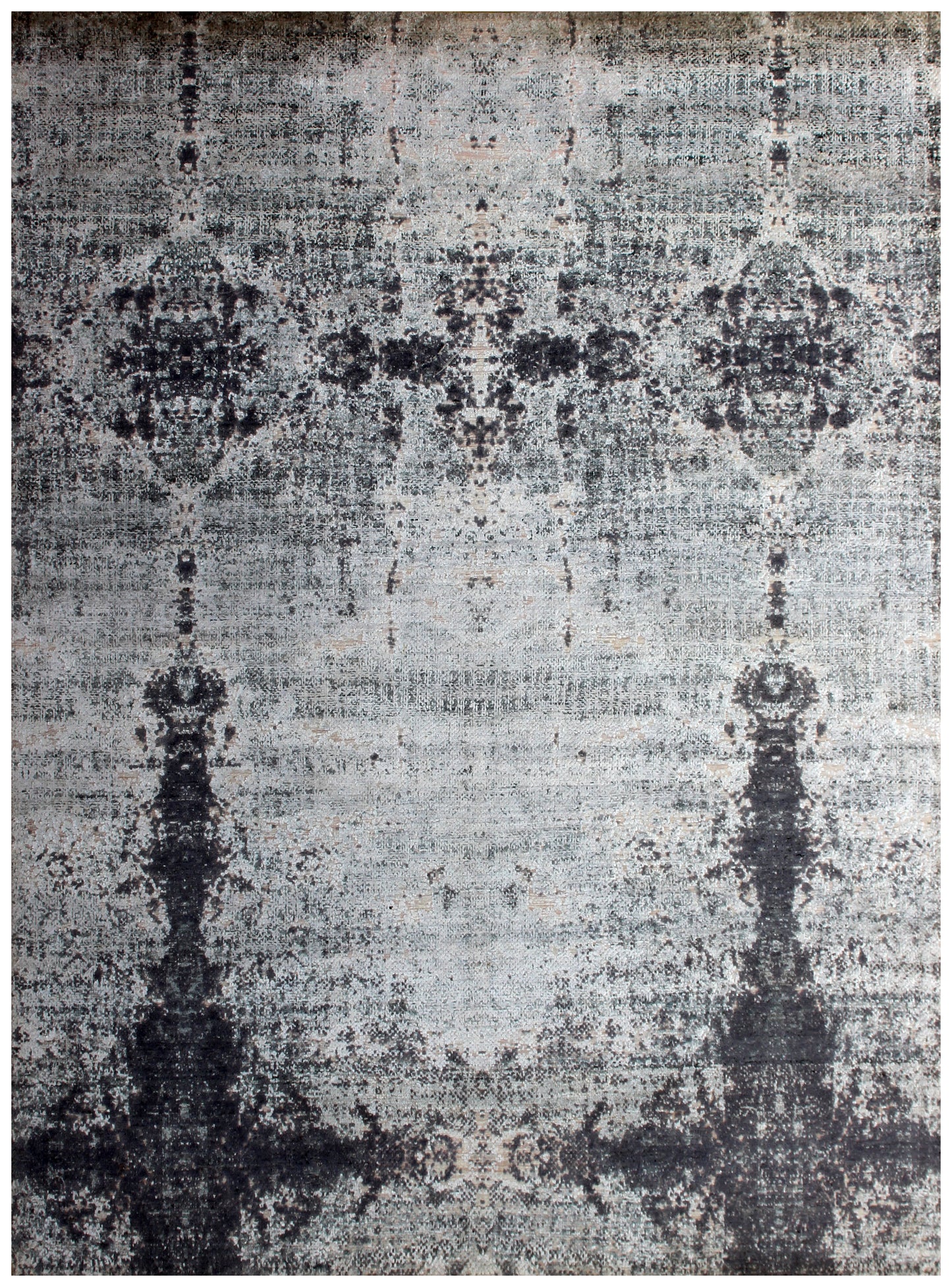 8x10 Hand Knotted Wool Viscose Silver Ivory Charcoal Black Eroded Medallion Column Bhadohi Area Rug