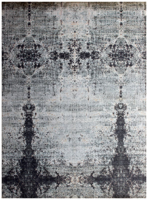 8x10 Hand Knotted Wool Viscose Silver Ivory Charcoal Black Eroded Medallion Column Bhadohi Area Rug