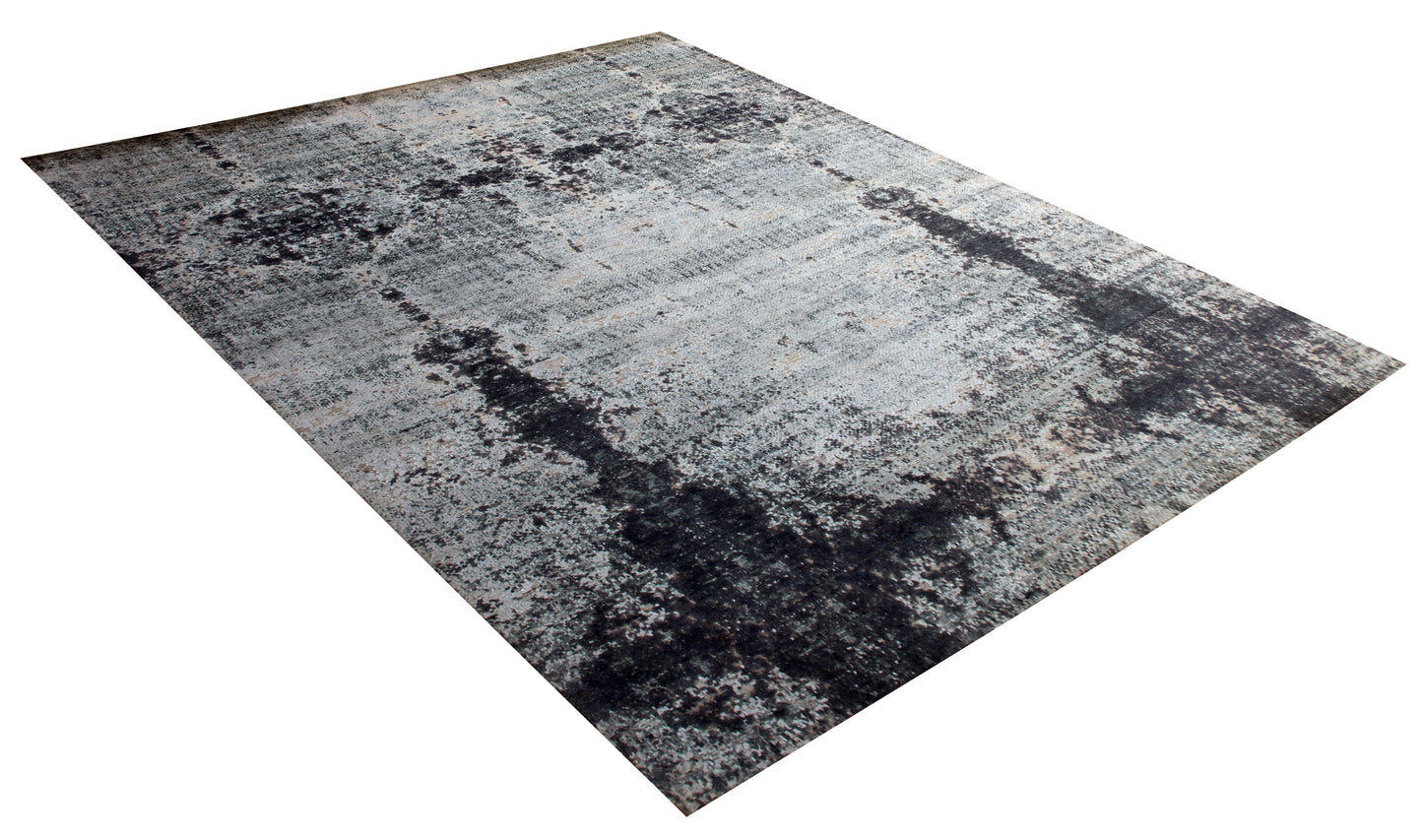 8x10 Hand Knotted Wool Viscose Silver Ivory Charcoal Black Eroded Medallion Column Bhadohi Area Rug