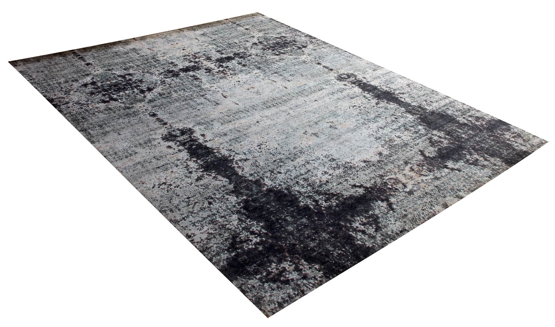 8x10 Hand Knotted Wool Viscose Silver Ivory Charcoal Black Eroded Medallion Column Bhadohi Area Rug