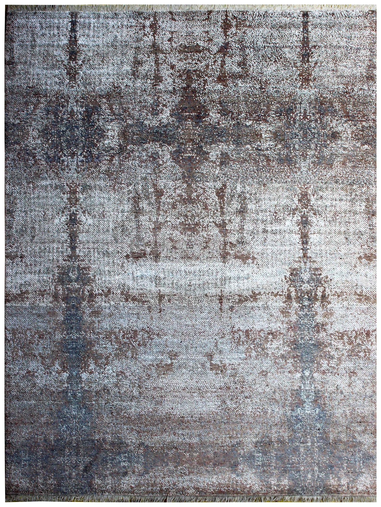 Eroded Medallion Floral 8x10 Hand Knotted Silver Blue Grey Brown Mocha Teal Wool Viscose Bhadohi Area Rug
