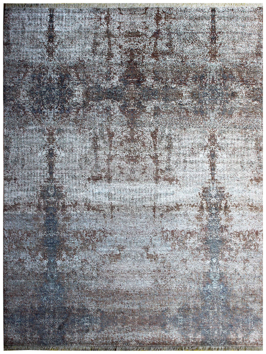 Eroded Medallion Floral 8x10 Hand Knotted Silver Blue Grey Brown Mocha Teal Wool Viscose Bhadohi Area Rug