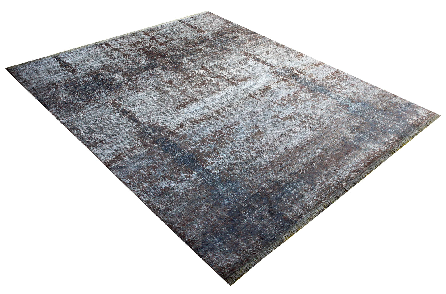 Eroded Medallion Floral 8x10 Hand Knotted Silver Blue Grey Brown Mocha Teal Wool Viscose Bhadohi Area Rug