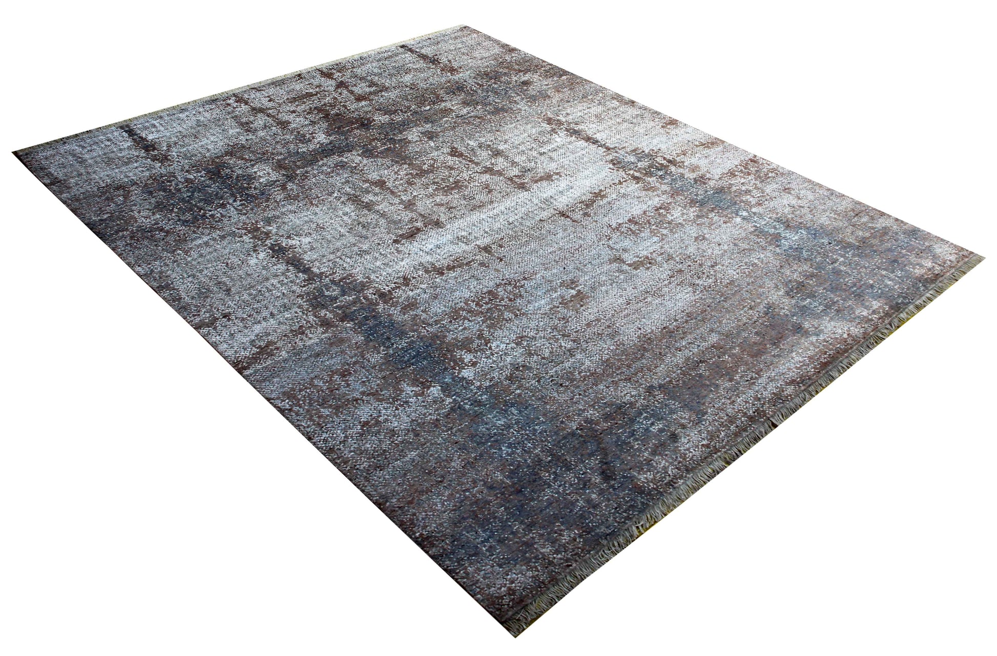 Eroded Medallion Floral 8x10 Hand Knotted Silver Blue Grey Brown Mocha Teal Wool Viscose Bhadohi Area Rug