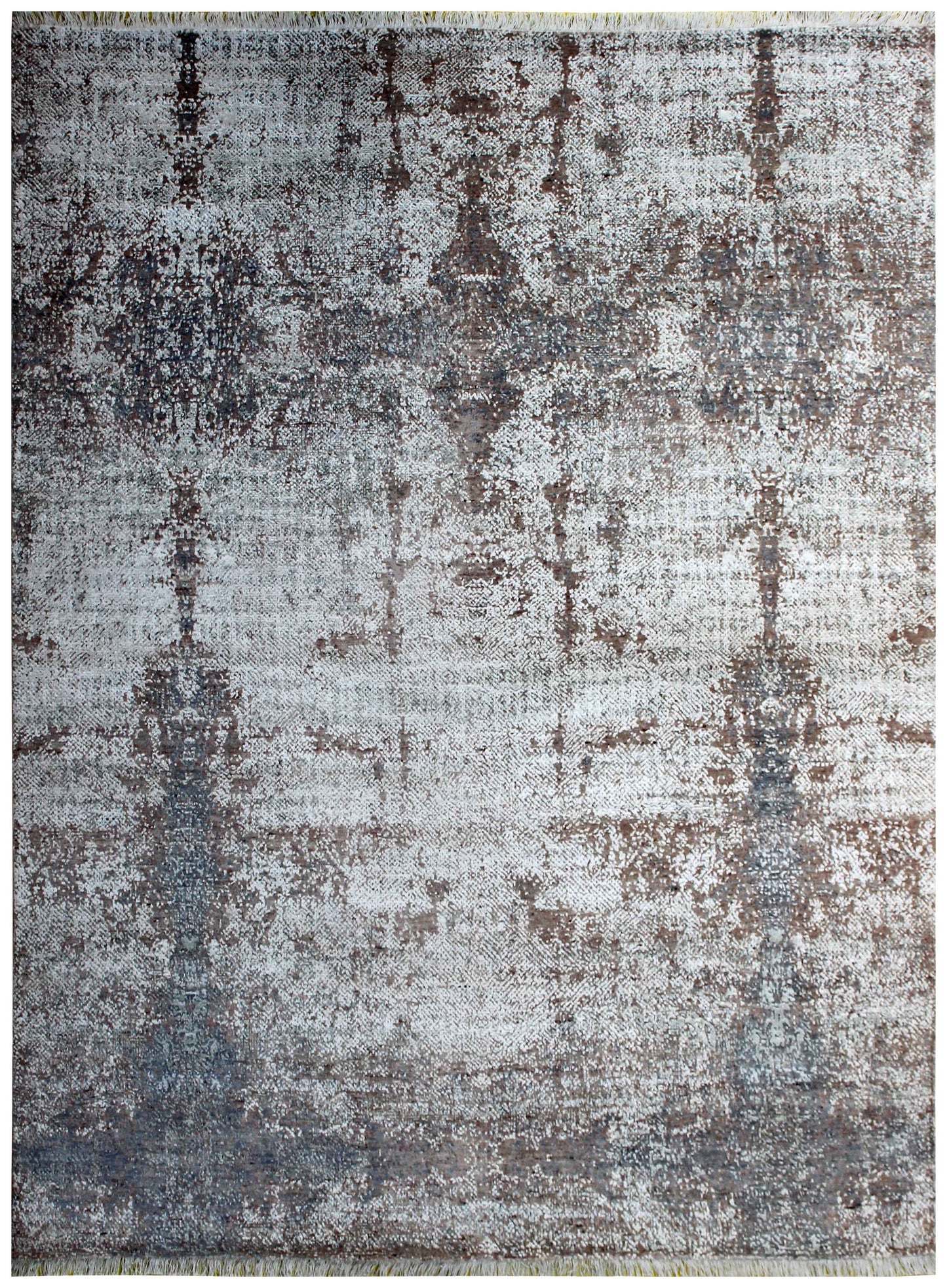 Silver Ivory Blue Grey Brown Mocha Eroded Medallion Hand Knotted Wool Viscose 8x10 Bhadohi Area Rug