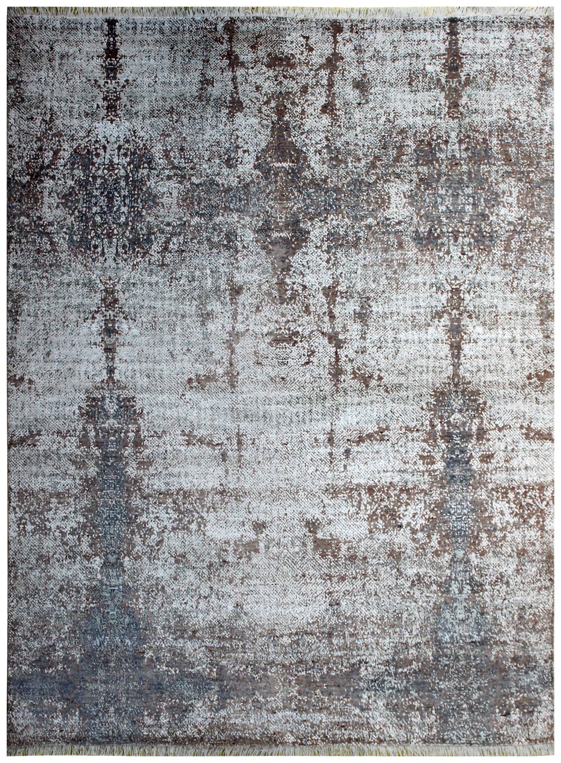 Silver Ivory Blue Grey Brown Mocha Eroded Medallion Hand Knotted Wool Viscose 8x10 Bhadohi Area Rug