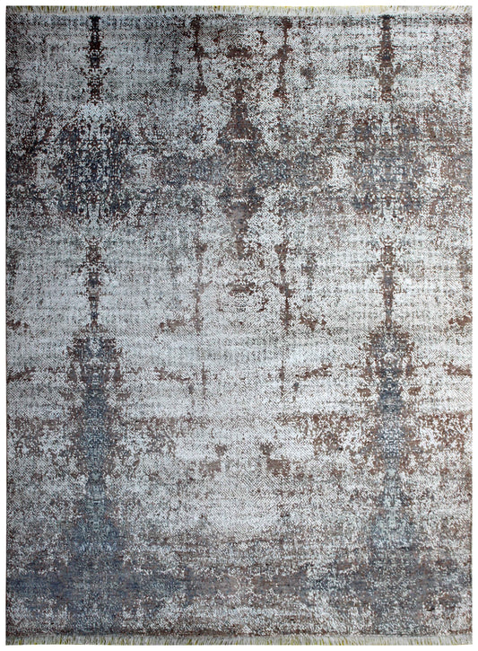 Silver Ivory Blue Grey Brown Mocha Eroded Medallion Hand Knotted Wool Viscose 8x10 Bhadohi Area Rug