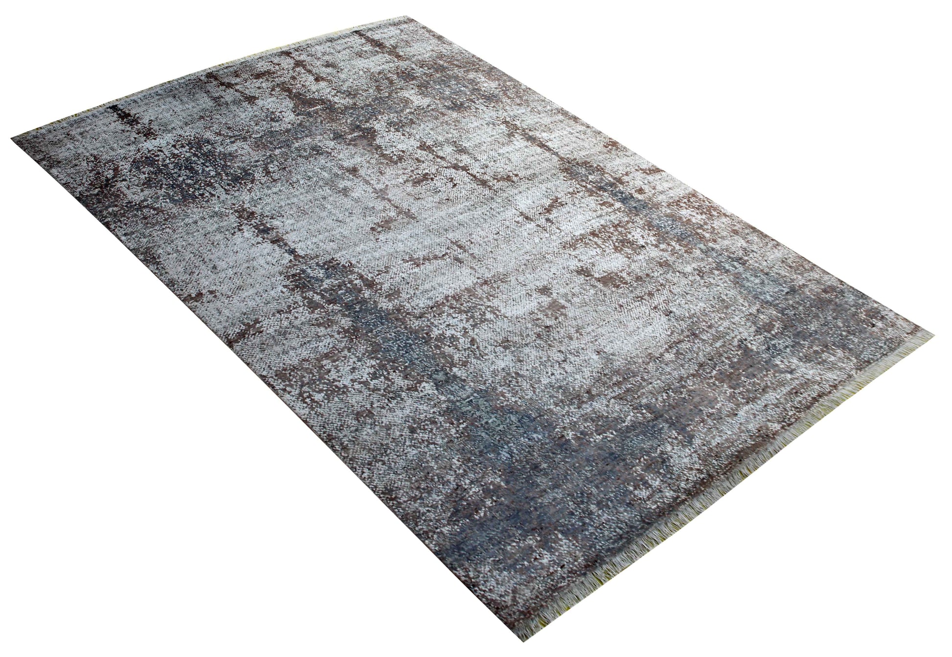 Silver Ivory Blue Grey Brown Mocha Eroded Medallion Hand Knotted Wool Viscose 8x10 Bhadohi Area Rug