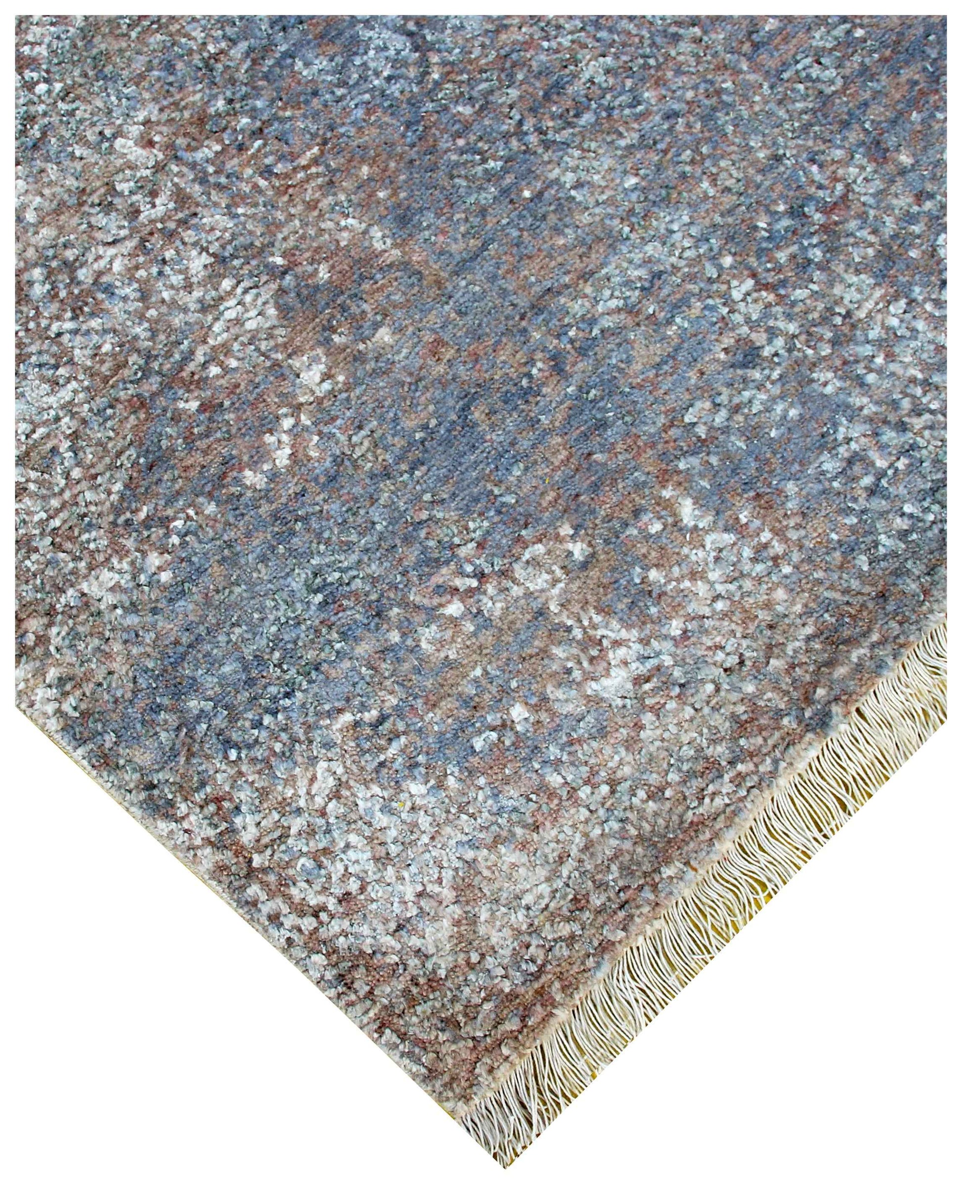 Silver Ivory Blue Grey Brown Mocha Eroded Medallion Hand Knotted Wool Viscose 8x10 Bhadohi Area Rug