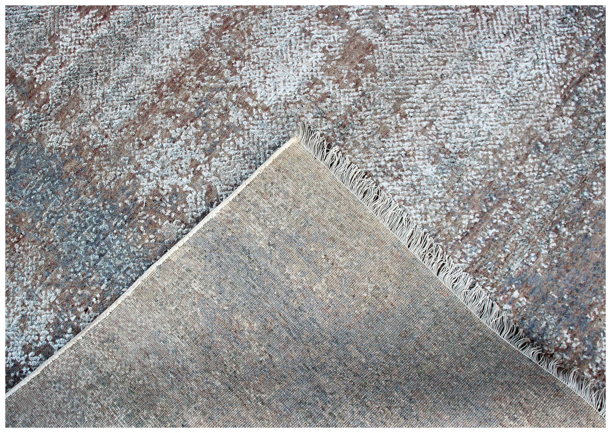 Silver Ivory Blue Grey Brown Mocha Eroded Medallion Hand Knotted Wool Viscose 8x10 Bhadohi Area Rug