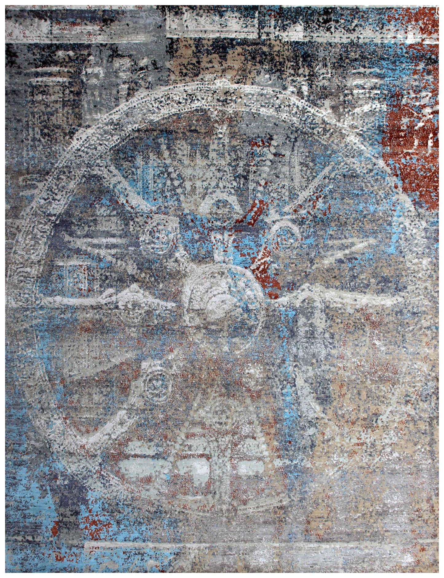Eroded Medallion 8x10 Hand Knotted Steel Blue Grey White Ivory Rust Teal Wool Viscose Bhadohi Area Rug