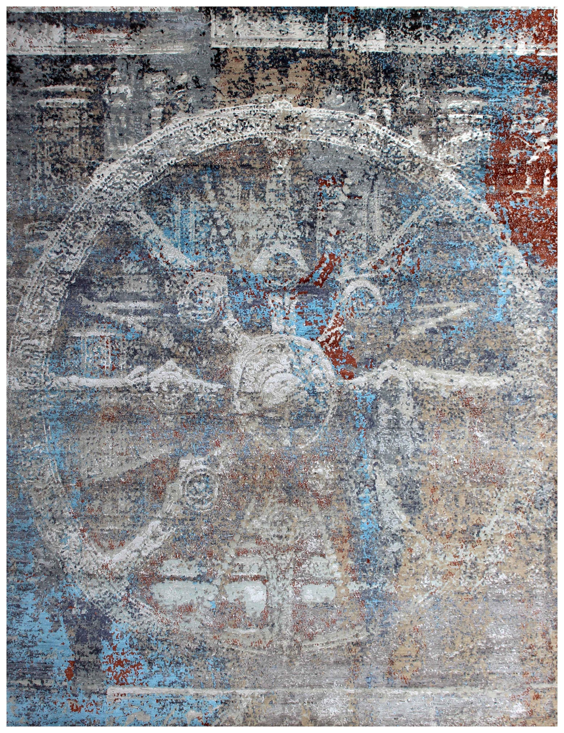 Eroded Medallion 8x10 Hand Knotted Steel Blue Grey White Ivory Rust Teal Wool Viscose Bhadohi Area Rug