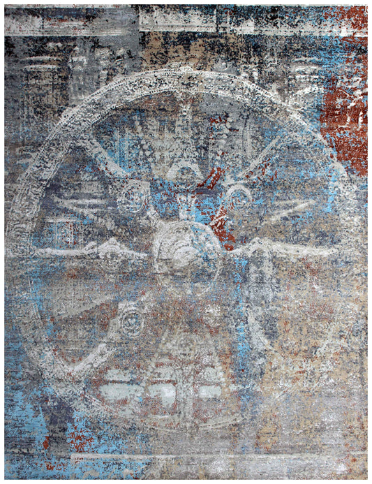 Eroded Medallion 8x10 Hand Knotted Steel Blue Grey White Ivory Rust Teal Wool Viscose Bhadohi Area Rug