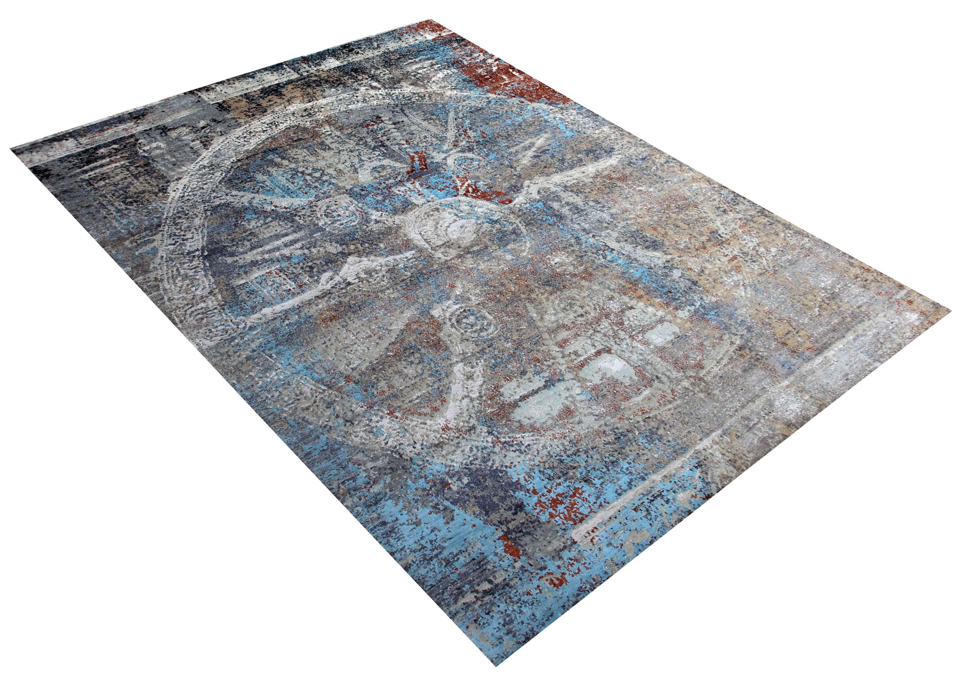 Eroded Medallion 8x10 Hand Knotted Steel Blue Grey White Ivory Rust Teal Wool Viscose Bhadohi Area Rug
