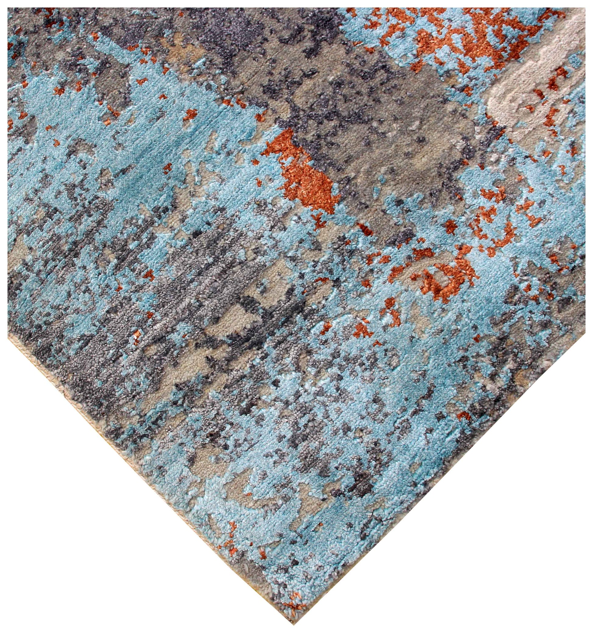 Eroded Medallion 8x10 Hand Knotted Steel Blue Grey White Ivory Rust Teal Wool Viscose Bhadohi Area Rug
