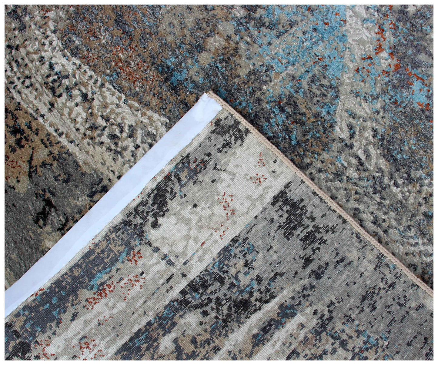 Eroded Medallion 8x10 Hand Knotted Steel Blue Grey White Ivory Rust Teal Wool Viscose Bhadohi Area Rug