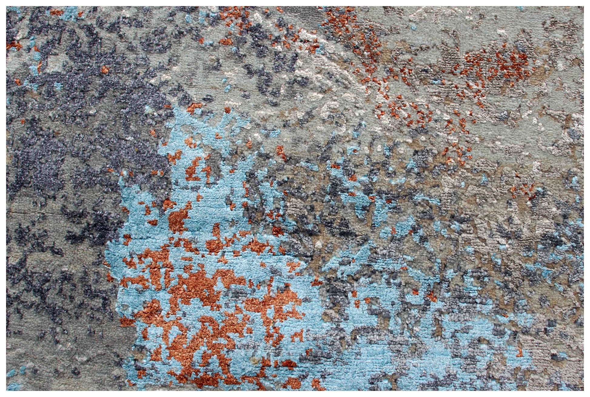 Eroded Medallion 8x10 Hand Knotted Steel Blue Grey White Ivory Rust Teal Wool Viscose Bhadohi Area Rug