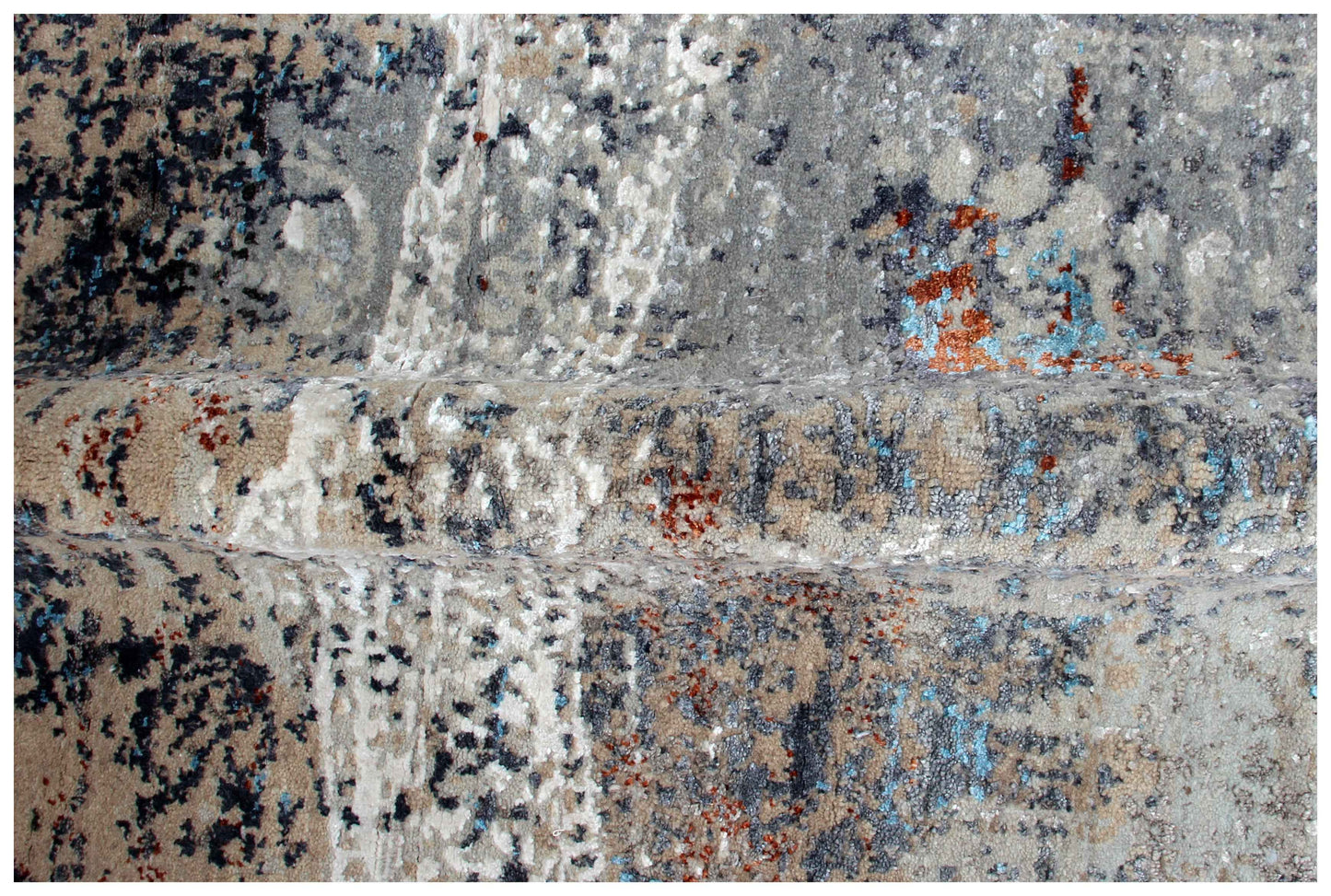 Eroded Medallion 8x10 Hand Knotted Steel Blue Grey White Ivory Rust Teal Wool Viscose Bhadohi Area Rug