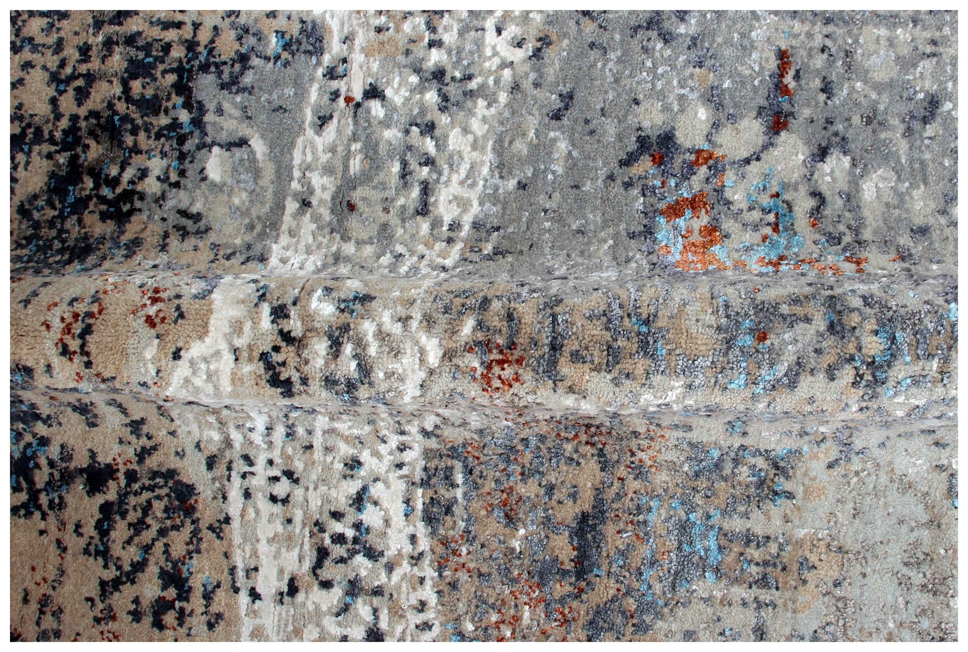 Eroded Medallion 8x10 Hand Knotted Steel Blue Grey White Ivory Rust Teal Wool Viscose Bhadohi Area Rug