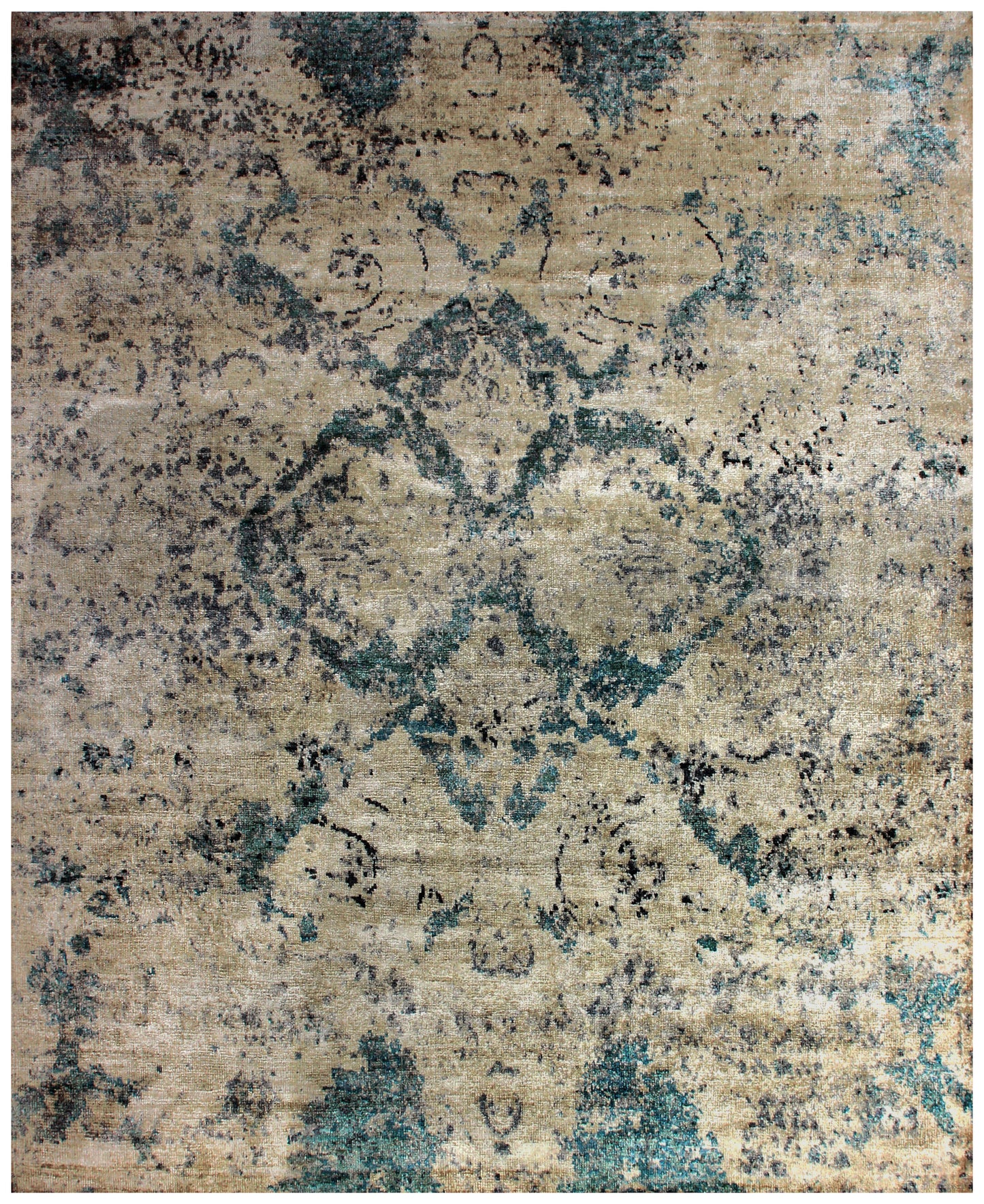 Wool Viscose Vintage Antique 8x9.6 Area Rug - Beige Teal Grey Hand Knotted Abstract Distressed
