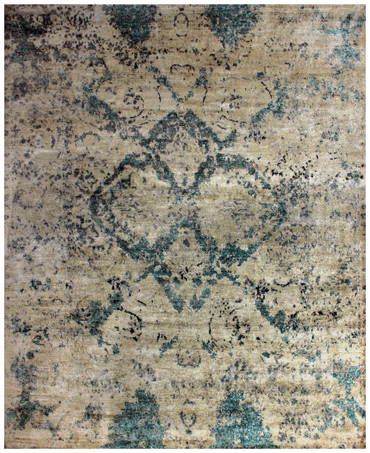 Wool Viscose Vintage Antique 8x9.6 Area Rug - Beige Teal Grey Hand Knotted Abstract Distressed