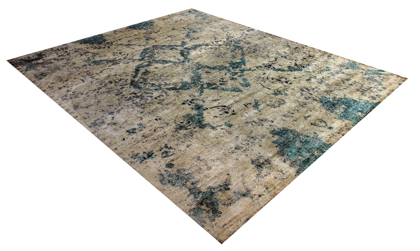 Wool Viscose Vintage Antique 8x9.6 Area Rug - Beige Teal Grey Hand Knotted Abstract Distressed