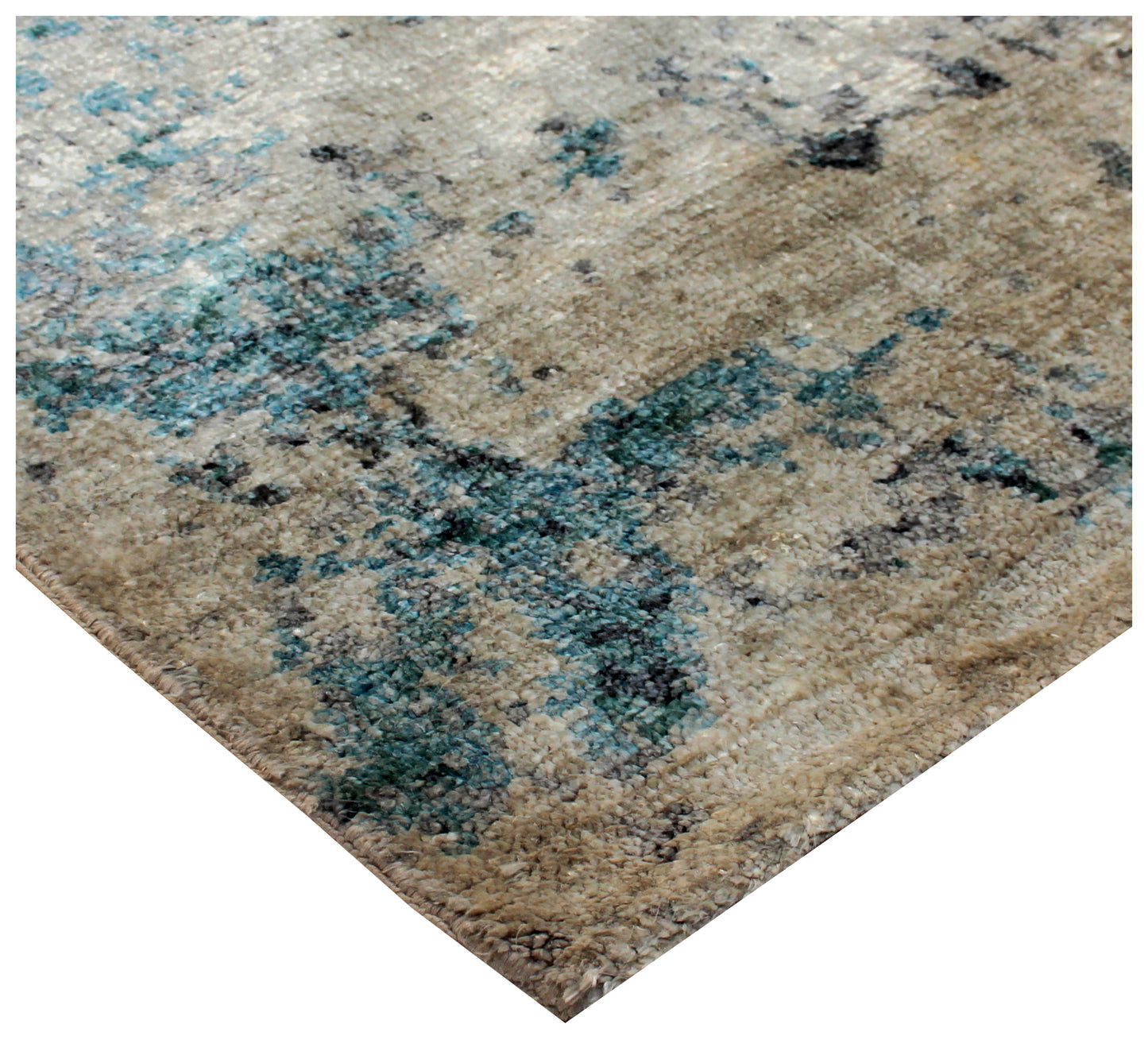 Wool Viscose Vintage Antique 8x9.6 Area Rug - Beige Teal Grey Hand Knotted Abstract Distressed