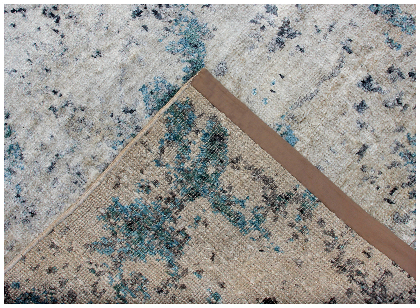 Wool Viscose Vintage Antique 8x9.6 Area Rug - Beige Teal Grey Hand Knotted Abstract Distressed