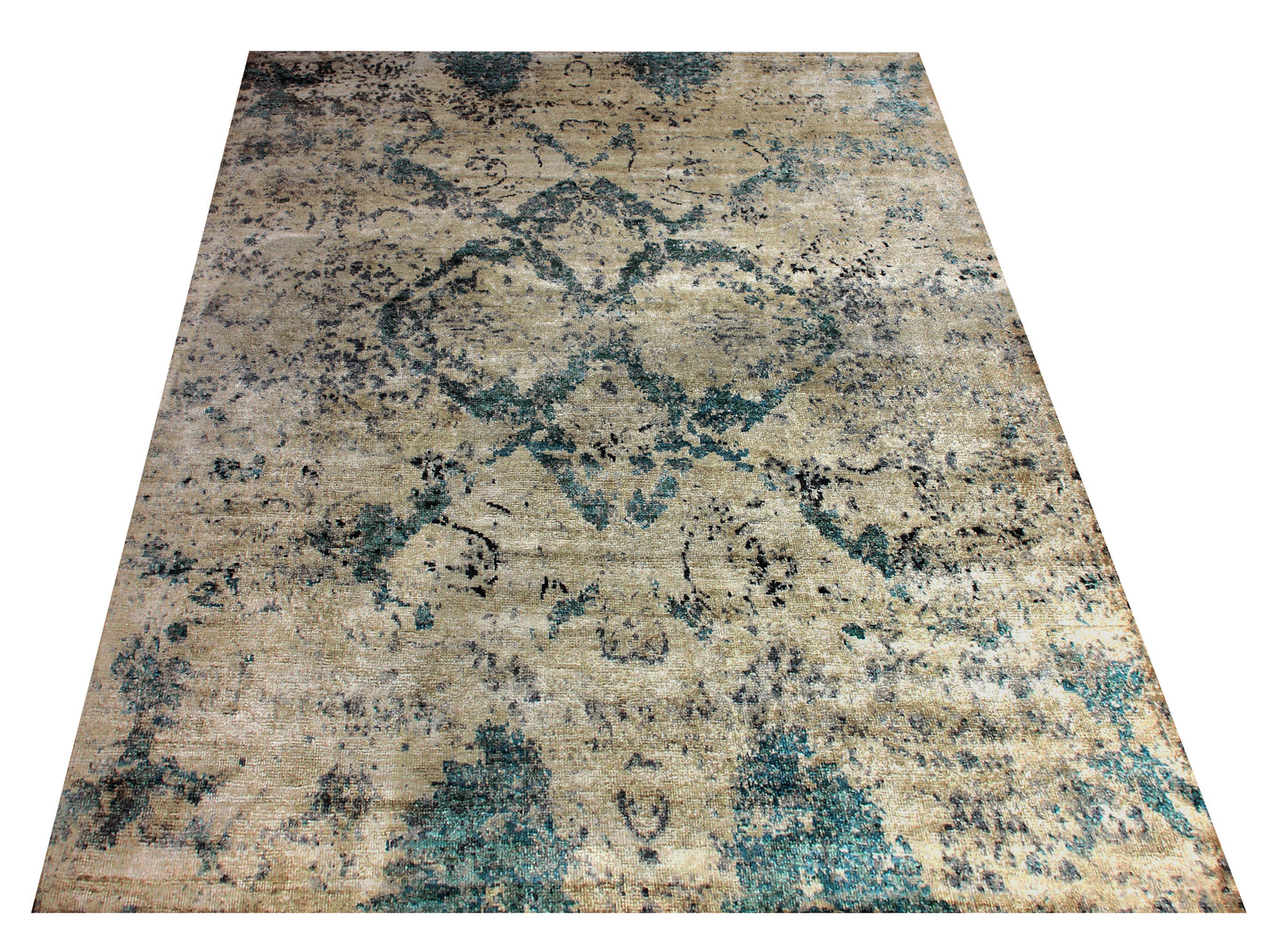 Wool Viscose Vintage Antique 8x9.6 Area Rug - Beige Teal Grey Hand Knotted Abstract Distressed