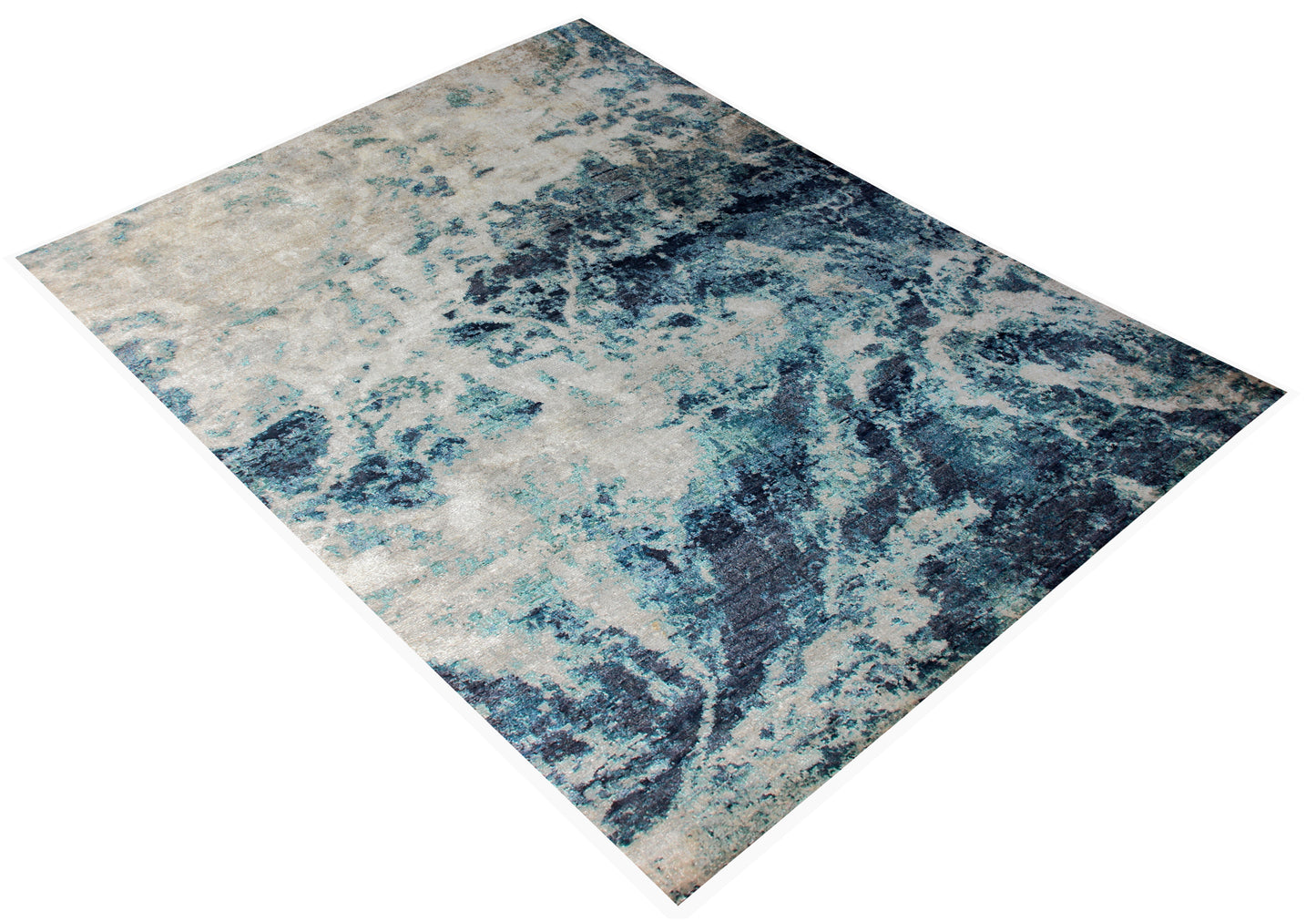 Abstract Distressed Hand Knotted Vintage Antique 8x10 Wool Viscose Area Rug - Grey Blue Teal Beige