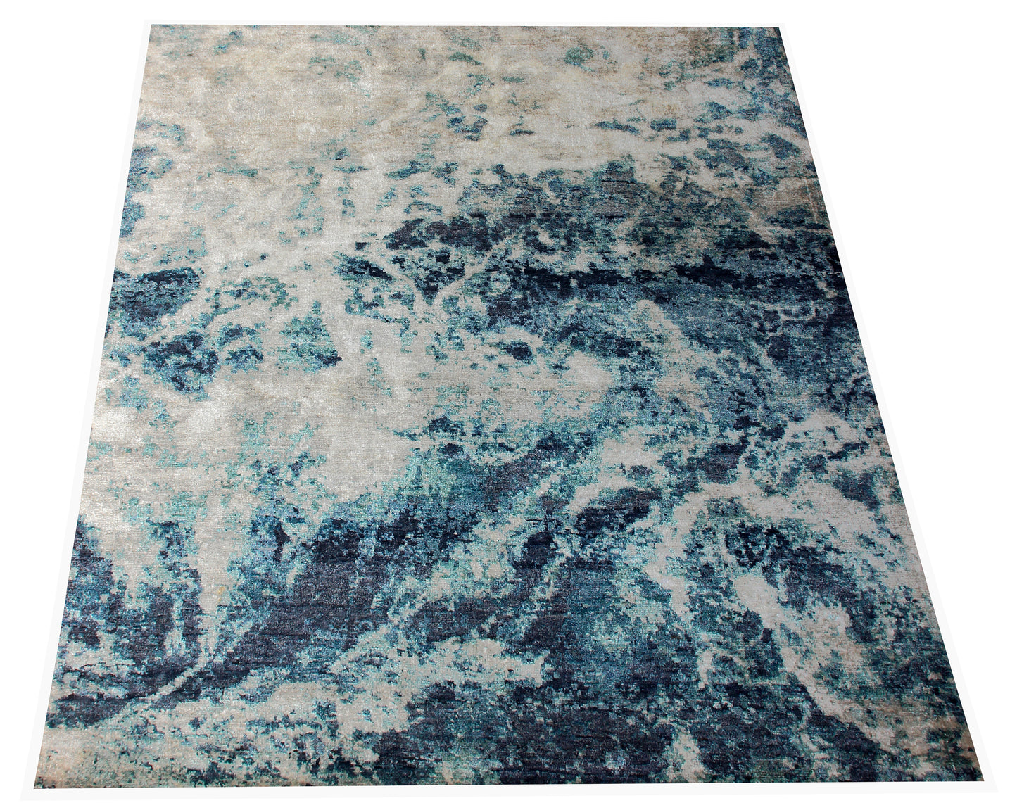 Abstract Distressed Hand Knotted Vintage Antique 8x10 Wool Viscose Area Rug - Grey Blue Teal Beige