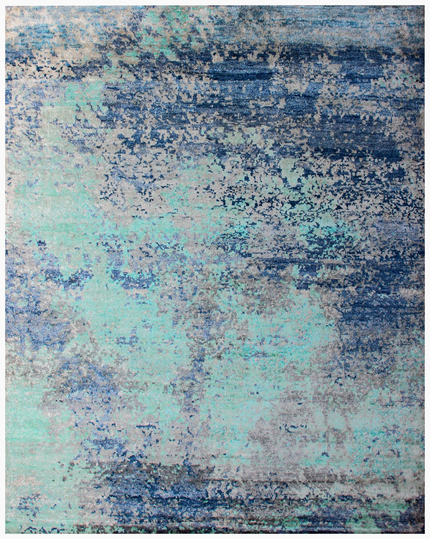 Turquoise Navy Blue Grey 8x10 Hand Knotted Vintage Antique Wool Viscose Area Rug - Abstract Distressed