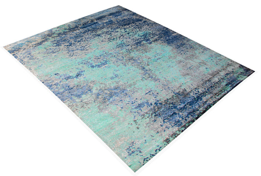 Turquoise Navy Blue Grey 8x10 Hand Knotted Vintage Antique Wool Viscose Area Rug - Abstract Distressed