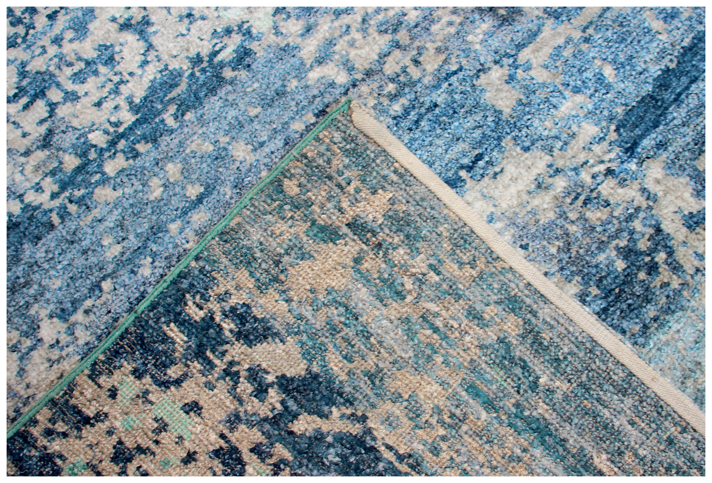 Turquoise Navy Blue Grey 8x10 Hand Knotted Vintage Antique Wool Viscose Area Rug - Abstract Distressed